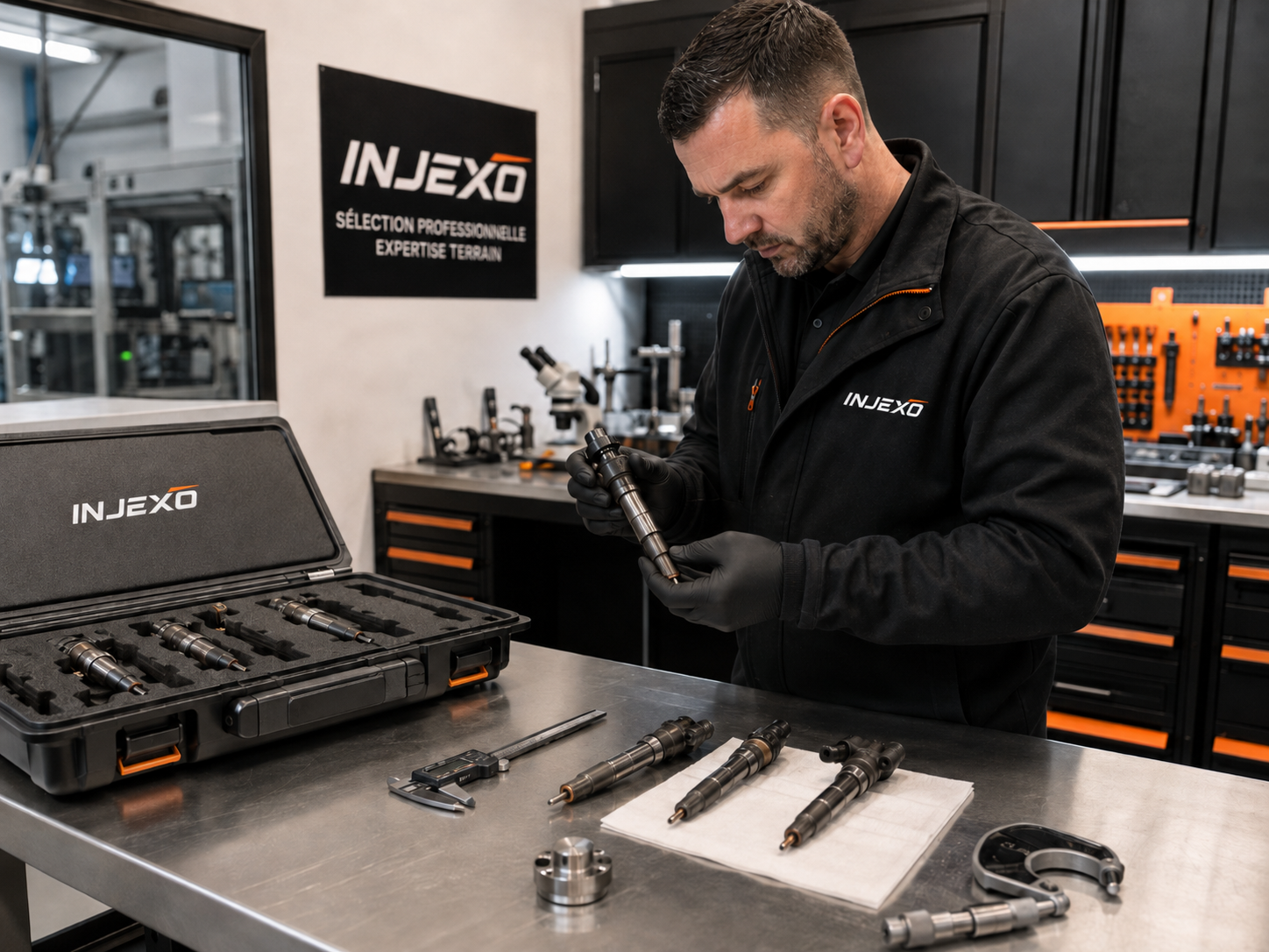 Technicien vérifiant un injecteur dans un atelier